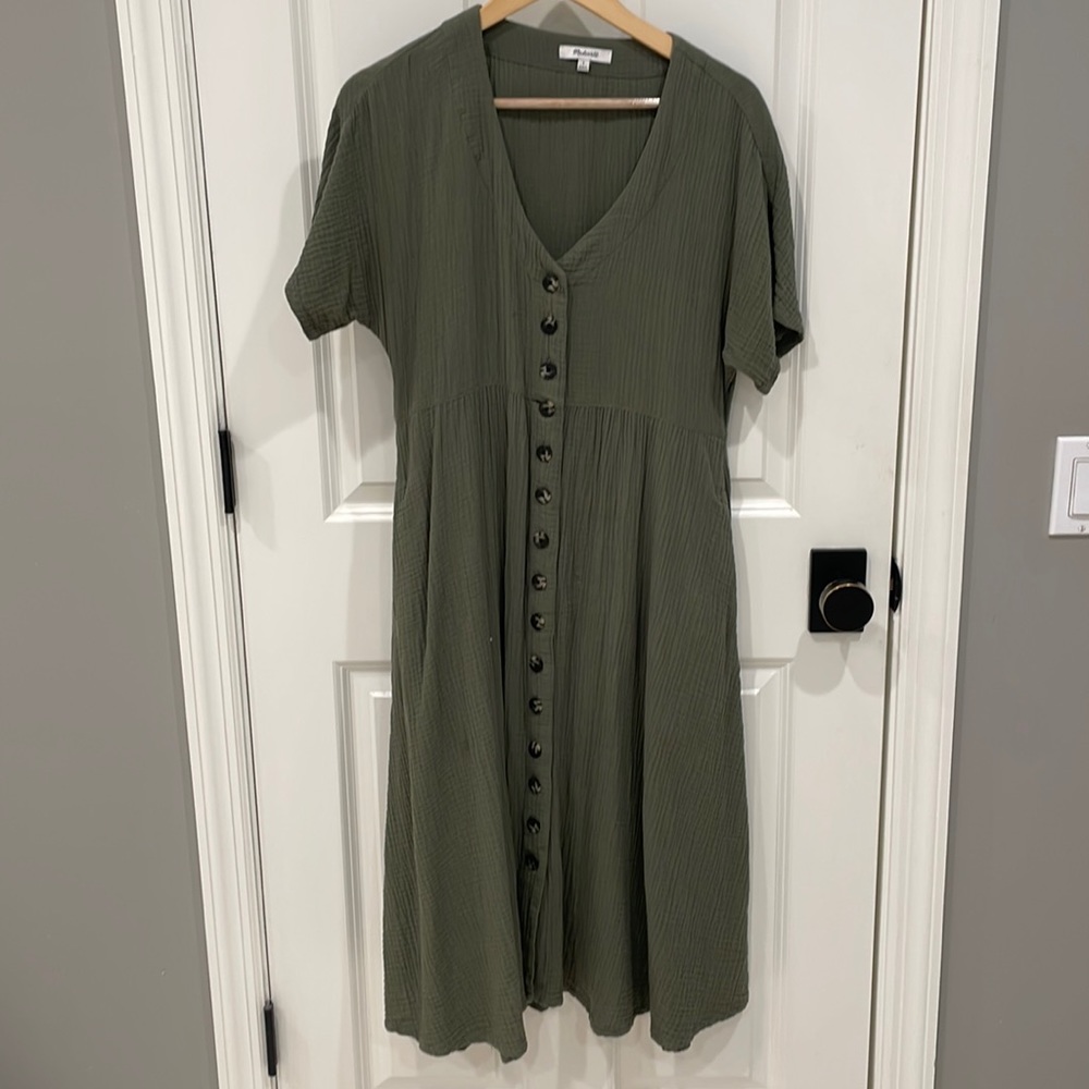Madewell olive green midi button down dress